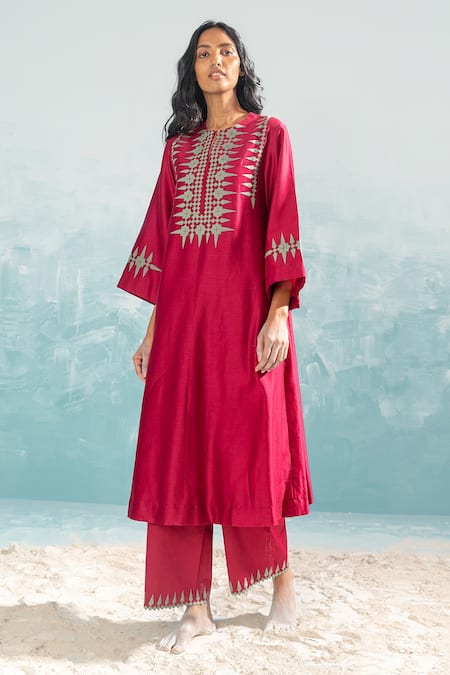 Ikai by Ragini Ahuja Pink Cotton Silk Chanderi Applique Round Nile Tribal Circular Kurta  