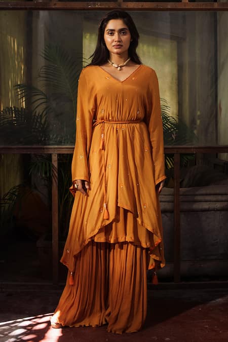 Suave Orange Chinnon Chiffon Embroidery Beads V Neck Floral Kaftan And Sharara Set 