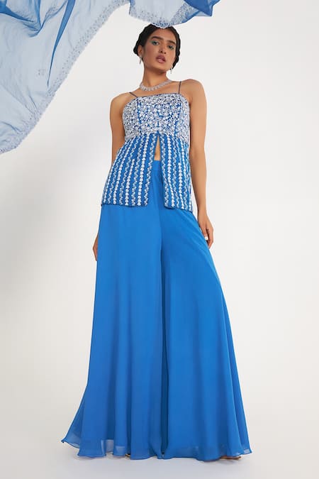 Asaga Blue Silk, Organza, Georgette Embroidery Square Neck Grace Top Sharara Set 