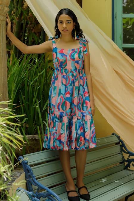 Joskai Studio Multi Color Cotton Silk Printed Abstract Digital Joyous Rhythm Dress 