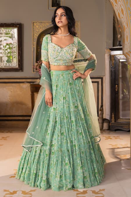 suruchi parakh Green Georgette Woven And Embroidered Floral Pattern Sweetheart Tiered Lehenga Set