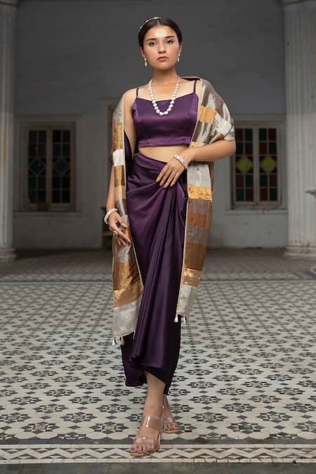 Sheela Suthar Purple Imported Satin Plain Square Neck Bustier And Draped Skirt Set 