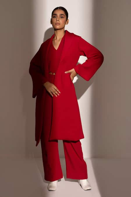 Kritika Madan Label Red Banana Crepe Plain Jacket Shawl Full Sleeve Coat And Pant Set  