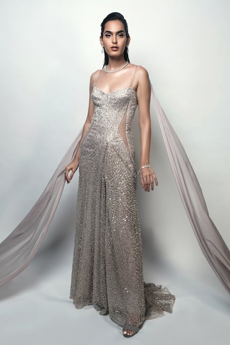 Rohit Gandhi + Rahul Khanna Beige Tulle Crystals, Metallic Thread Sweetheart Neck Nave Gown 