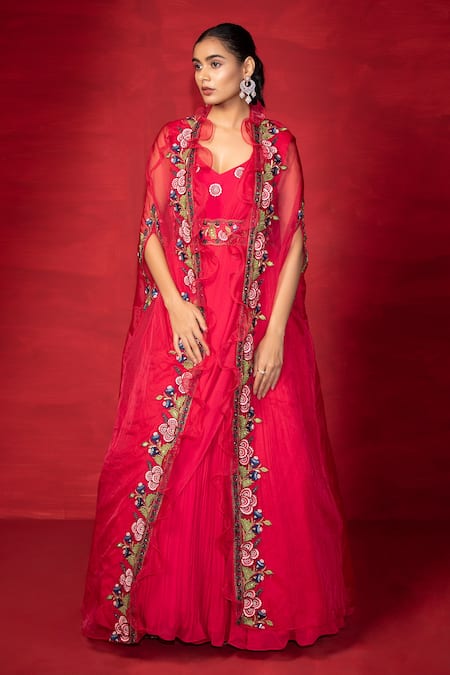 Miku Kumar Embroidered Cape Saree Gown Set 