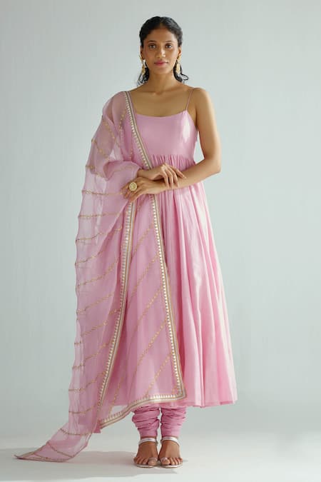 PRIYAL PRAKASH Pink Anarkali Chanderi Embroidered Zari And Sequin Work Solid Set With Dupatta 