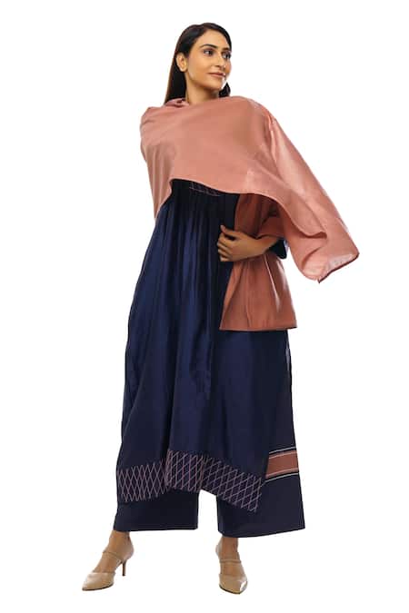 Khat Blue Chanderi Embroidery Split V-neck Neckline Dress Pant Co-ord Set