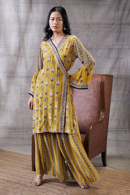 Soup by Sougat Paul Yellow Crepe Printed Floral V Neck Sarouk Angrakha And Palazzo Set 