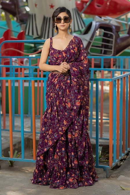 Irrau By Samir Mantri Multi Color Georgette Embroidery Pre-draped Floral Print Saree And Blouse Set Online at Aza Fashions Irrau By Samir Mantri_Multi Color Georgette Embroidery Pre-draped Floral Print Saree And Blouse Set _Online_at_Aza_Fashions