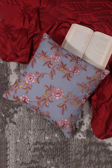 Khaabka Embroidered Floral Indigo Blue Cushion Cover - Set of 2 