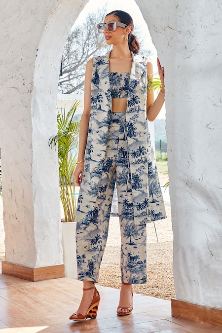 House Of Fett White Cotton, Linen Collared, Bandeau Neck Adelle Scenic Pattern Co-ord Set 