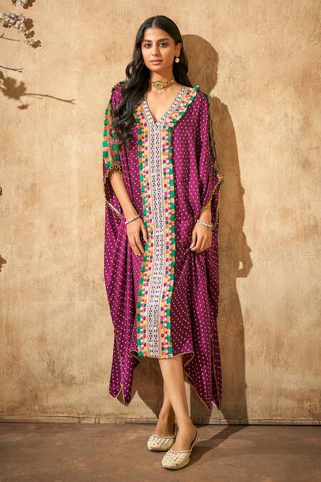 Aditi Somani Wine Modal Satin Print Bandhani V Neck Tassel Lace Kaftan