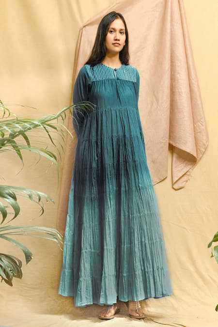 Chambray & CO. Blue Cotton Embroidery Round Neck Ombre Flowy Dress
