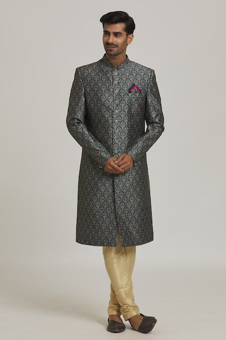 Samyukta Singhania Green Sherwani Art Silk Printed Floral Mughal With Churidar 