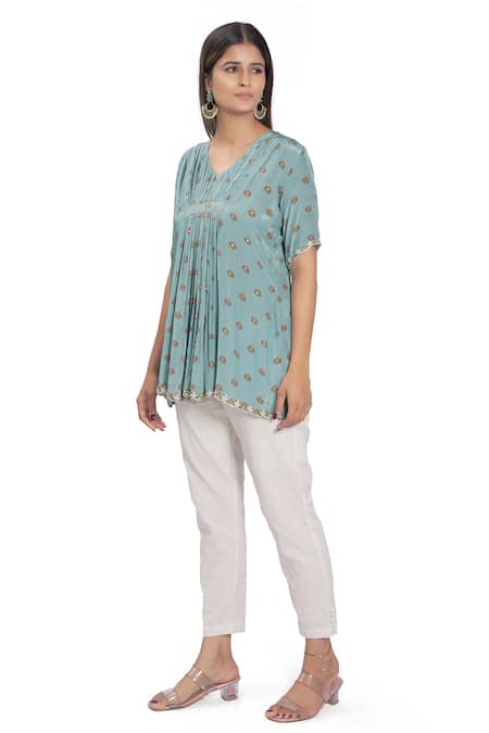 Vana Ethnics Blue Crepe, Viscose Floral, Sequin V Neck Embroidered Tunic 