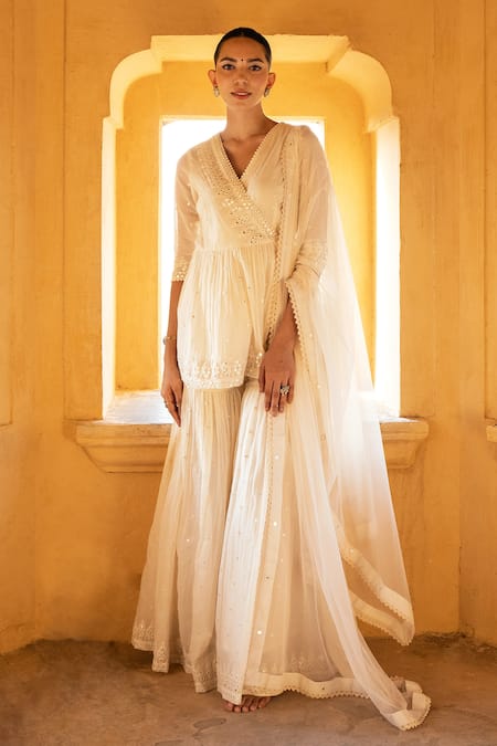 PREEVIN Off White Cotton Mulmul Embroidered And & Mirror Sharara Set  