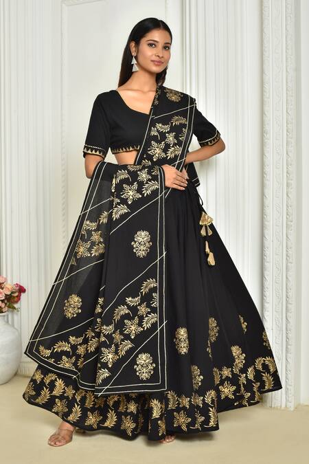 Black Hand-block Printed Cotton Lehenga with Blouse and Dupatta/Cape ( –  Inheritanceindia