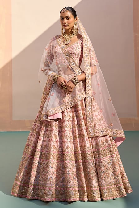 Angad Singh Pink Raw Silk Embroidered Zardozi Plunge Neck Floral Pastel Bridal Lehenga Set