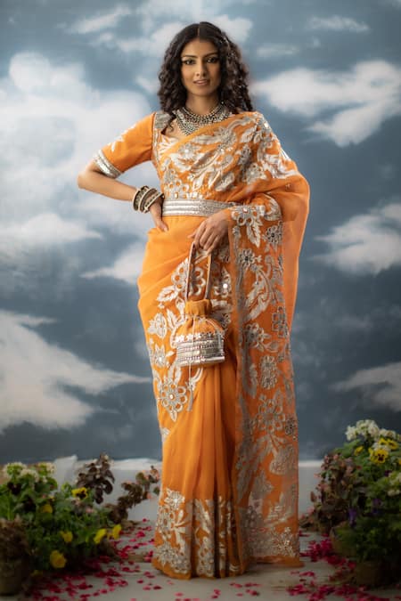 SAKSHAM & NEHARICKA Orange Silk Organza Hand Embroidered Abhilasha Floral Jaal Saree 