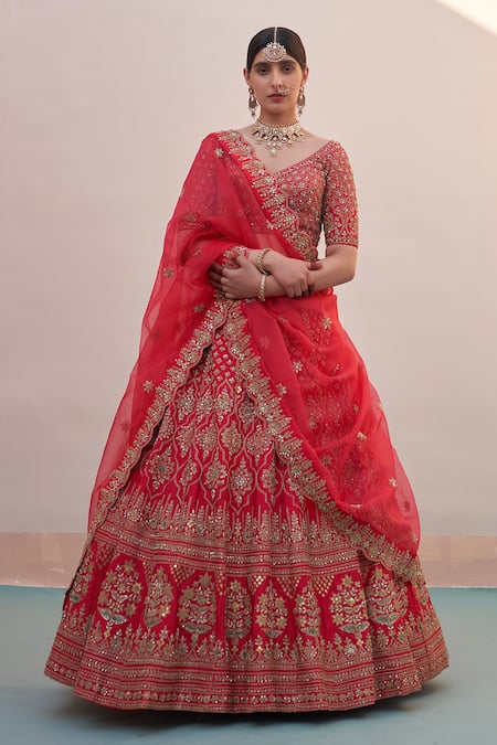 Angad Singh Red Silk Cut Work, Sequins, Zari Asymmetric Zardozi Bridal Lehenga Set Online at Aza Fashions Angad Singh_Red Silk Cut Work, Sequins, Zari Asymmetric Zardozi Bridal Lehenga Set _Online_at_Aza_Fashions