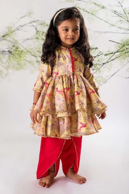 Lil Angels Multi Color Cotton, Kota Doria Bird Of Paradise Peplum Top And Dhoti Pant Set 