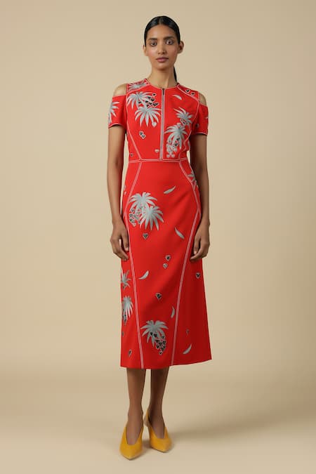Shahin Mannan Red Crepe Embroidery Round Neck Leaf And Fruit Cold Shoulder Dress