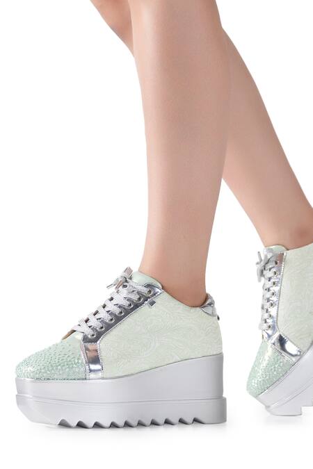 Buy Anaar Green Embellished, Embroidered Macaron Magic Sneaker Wedges Online at Aza Fashions Buy_Anaar_Green Embellished, Embroidered Macaron Magic Sneaker Wedges_Online_at_Aza_Fashions