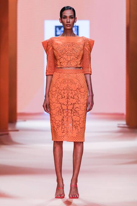 Pankaj & Nidhi Orange Jersey Hand Embellished Floral Appliques Solarium Top