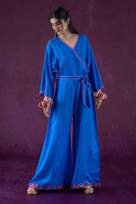 Kacha Tanka Blue Cotton Satin Threadwork V Neck Wrap Style Jumpsuit