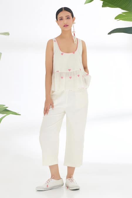 Nikasha Cream Jamdani Cotton And Hand Stitched Peplum Top Pant Set 