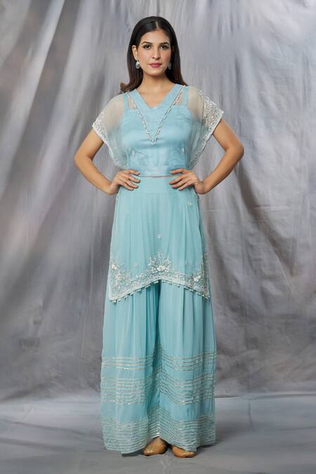 Shop_Aksh_Blue Organza, Georgette, Taffeta, Satin Pearls, Embellished Kaftan Sharara Set_Online_at_Aza_Fashions