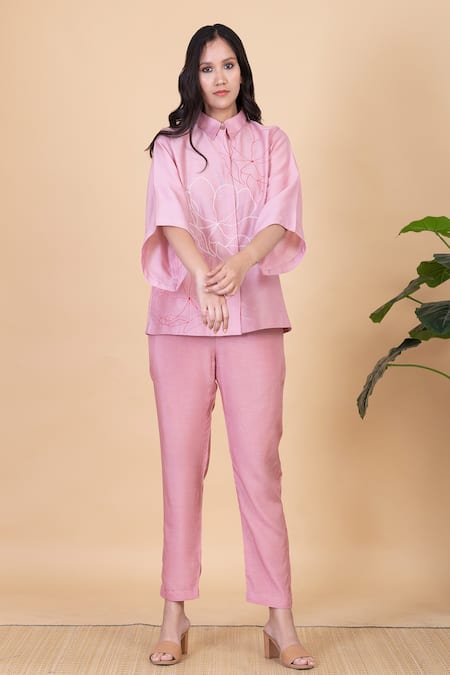 Chambray & CO. Pink Silk Embroidery Collared Fiah Flower Shirt And Pant Set 