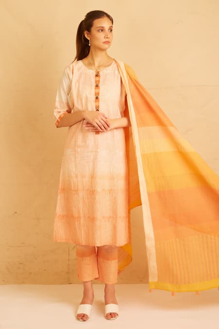 Banana Labs Orange Cotton Tassels Round Neck Delight Geometric Print Kurta Pant Set 