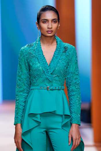Pankaj & Nidhi_Blue Tulle, Moss Crepe Floral Notched Lapel Helios Embellished High Low Jacket_Online_at_Aza_Fashions