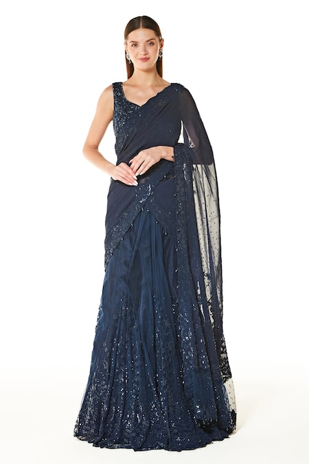 Rabani & Rakha Blue Net Hand Embroidered Beads Scoop Adha Sequin Lehenga Saree Set  