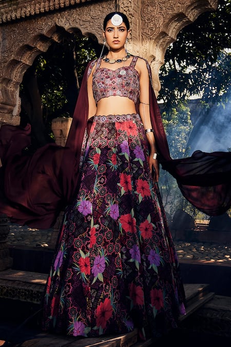 Awigna Wine Blouse Net Printed Floral Sweetheart Neck Dilnoor Lehenga Set  