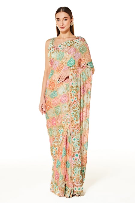 Rabani & Rakha Zaynab Bandhani Saree With Embroidered Blouse 