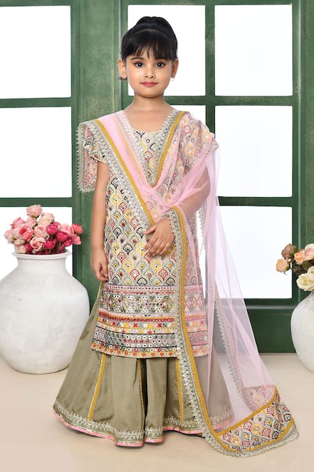 Adara Khan Yellow Kurta Georgette Embroidery Floral Mirror Sharara Set