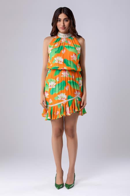 Tangerine Tiger Orange 100% Rayon Crepe Printed Lotus High Neck Dress 