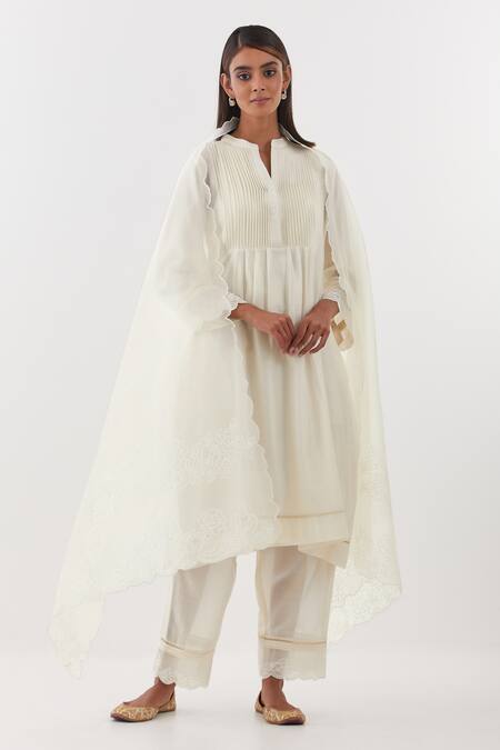Amisha Kothari Ivory Chanderi , Organza Lace, Cut Work, Gunjan Solid Kurta Set 