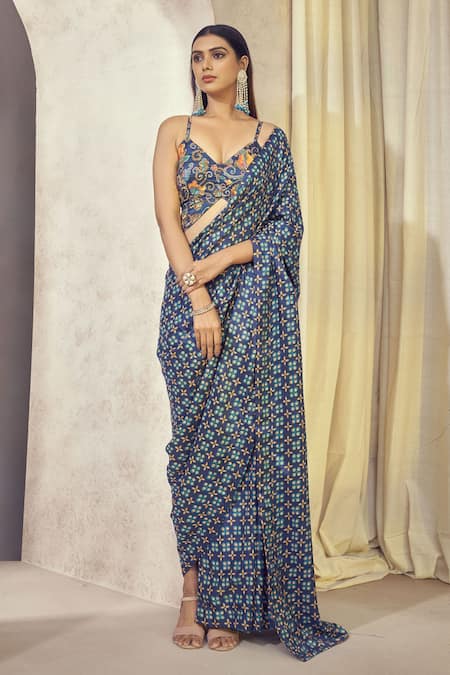 AFFROZ Blue Russian Silk Printed Paisley Jaal V Neck Pre-draped Saree With Blouse