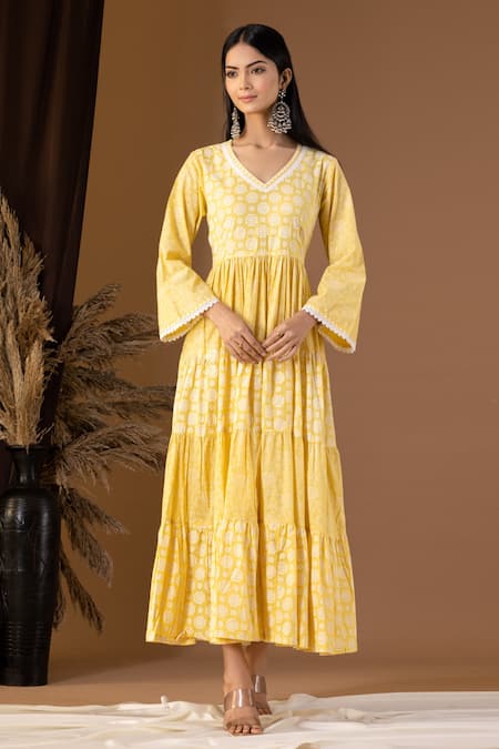 Abbaran Flora Pattern Tiered V Neck Dress 