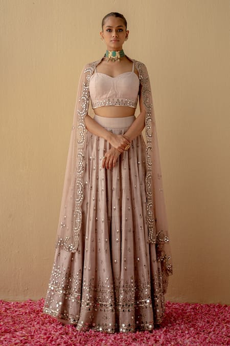 Mint blush Gold Raw Silk Embroidered Mirror Sweetheart Neck Zari Blouse Lehenga Set 