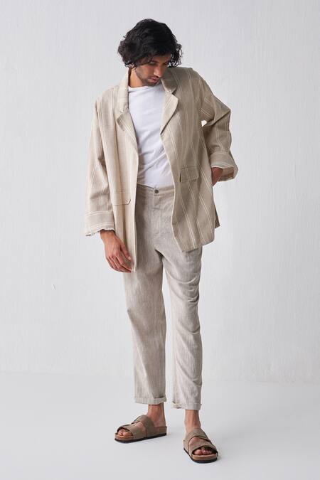 Buy Three Beige Handloom Cotton Handwoven Jacket And Pant Set at Aza Fashions Buy_Three_Beige Handloom Cotton Handwoven Jacket And Pant Set_at_Aza_Fashions