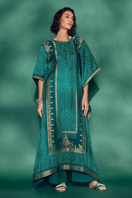 Label Varsha Blue Viscose Tassels Round Neck Bandhani Pattern Kaftan And Solid Pant Set