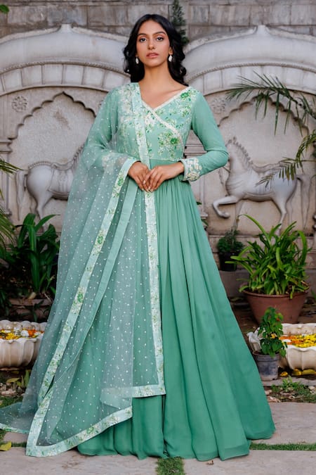 Buy Green Anarkali Features Marodi Hand Work Paired With Embellished  Dupatta And Chudidar by Designer PUNIT BALANA Online at Ogaan.com