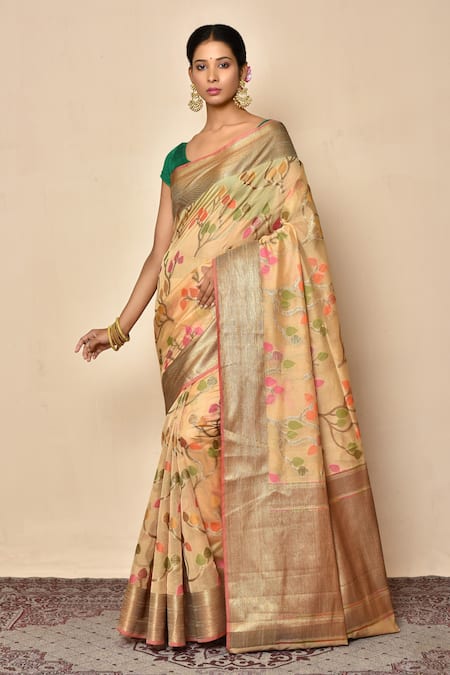 Nazaakat by Samara Singh Beige Cotton Silk Woven Floral Banarasi Jaali Pattern Saree