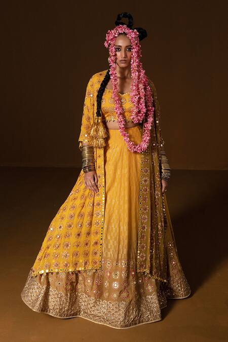 Buy Pooja Rajgarhia Gupta Yellow Silk, Georgette Embroidery, Mirrors, Sequins Kesar Ombre Cape Lehenga Set Online at Aza Fashions Buy_Pooja Rajgarhia Gupta_Yellow Silk, Georgette Embroidery, Mirrors, Sequins Kesar Ombre Cape Lehenga Set _Online_at_Aza_Fashions