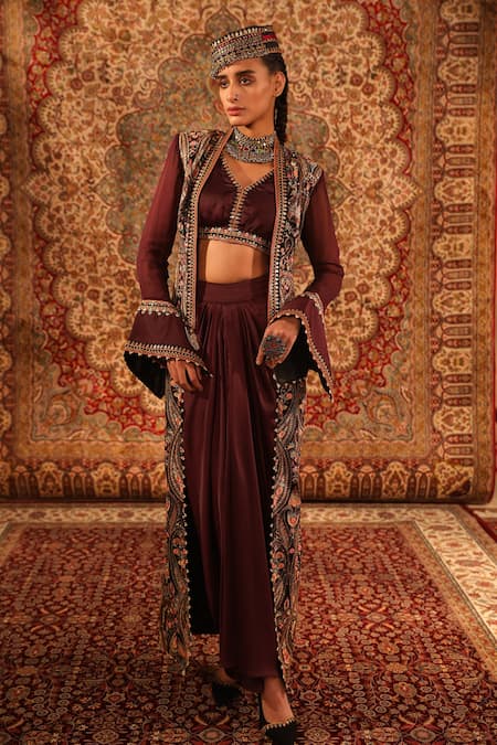 Aditi Gupta Wine Satin Woven And Embroidered Jamawar Kashida Draped Skirt Set  