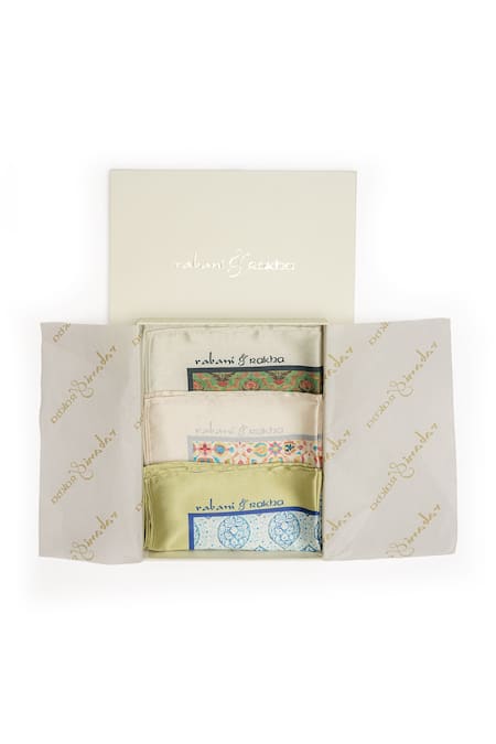 Rabani & Rakha Floral Print Satin Pocket Square Gift Box - Set of 3 